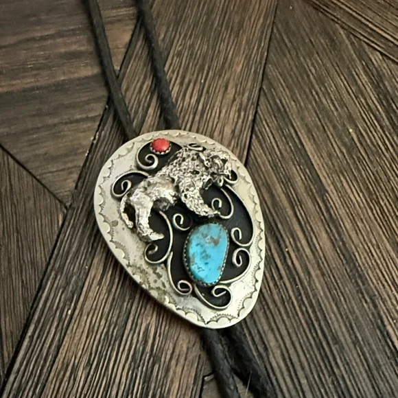 Vintage Navajo Sterling Silver Buffalo Bolo Tie Turquoise Coral Western